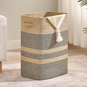 Laundry Hamper,Laundry Basket with Leather Handles,Woven Storage Basket for Toys,Pillows,Blankets,Clothes,Grey&White