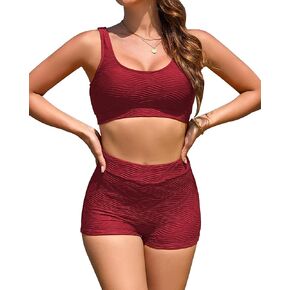 Ribbed Two Piece Swimsuit for Women High Waisted Bikini Sets Tummy Control Bathing Suits Boy Shorts Bottom