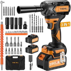 This Hill 45PCS Cordless Impact Wrench,600Nm(443Ft-lbs),1/2 Inch Brushless lmpact Driver Set,w/Two 4.0Ah Battery,17 Sockets,High Torque Power Impact Gun for Car Home
