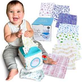 Quiggly Soft Fabric Tissue Box Toy for Babies- Montessori Sensory Development Toy for 6-12 Month Olds - 100% Cotton, Crinkle Tissues, Ribbon Details, Safety Mirror- Ideal for Infant Gross Motor Skills