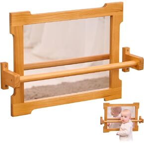 Montessori Mirror with Bar for Toddlers | Montessori Pull-Up Bar for Standing & Walking | Mirror Baby Wall with Pull-Up Bar | Wooden Balance Bar for Motor Development | Also for Playrooms & Classrooms