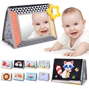 Tummy Time Mirror for Babies, High Contrast Newborn Sensory Toy with Crinkle Cloth Book, Early Education Montessori Infant Toys for 0 3 6 9 Months Baby Boys Girls Shower Gifts
