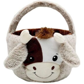 Cute Plush Cow Easter Basket for Kids, Cow Easter Buckets with Plush Ear, Candy Buckets Storage Tote Bag Easter Decorations (Cow Easter Basket, 7.9"L x 7.9"W x 9.8"H)