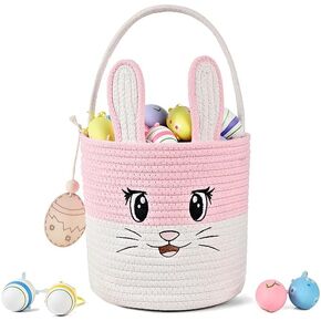 Easter Basket Cute Bunny Baskets Personalized Rabbit Bucket with Folding Handle for Egg Hunting, Embroidered Easter Bag Woven Cotton Rope Tote for Boys Girls Newborn, for Candy Gifts Toy Storage, Pink