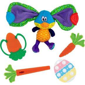 Nuby Baby Play and Explore Easter Gift Bundle – Silicone Carrot Tube Teether, Veggie Teether, Carrot Massaging Teether, and Teether Tugz Plush Toy – Easter Basket Stuffers for Babies
