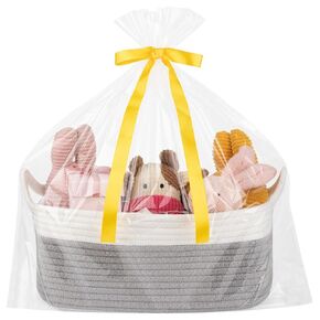 OIAHOMY Small Woven Basket with Gift Bags and Ribbons, Gift Basket Empty for Baby, Storage Baskets with Cat Ear Handles for Shelf Living Room Bathroom, Dog Toy Baskets for Pets, Grey & White