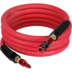 Rubber Air Hose, Durable Air Compressor Hose 3/8 Inch ID By 3 Feet Long with Swivel Universal Aluminium Quick Coupler and Plug, 300 PSI Maximum Pressure, Red
