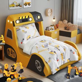 4 Pieces Construction Toddler Bedding Set for Boys Yellow Engineering Vehicle Toddler Bed Set with Bulldozer Tipper Truck Crane Cute Toddler Bed in a Bag with Sheet Set and Pillow Shams - Dark Gray
