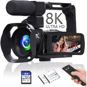 8K Video Camera Camcorder Ultra 48MP Vlogging Camera for YouTube 18X Digital Zoom Camcorder 3.0" IPS Screen IR Night Vision with Fill Light, Mic, Stabilizer, Lens Hood, Remote and 2 Batteries