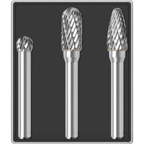 3Pcs Carbide Burr Set 1/4 Shank w/Clear Box Head Dia 8mm Die Grinder Bits Rotary Tools Attachment Kit Rasp File Accessories Metal Wood Stone Steel Grinding Deburring Cutting Porting Carving