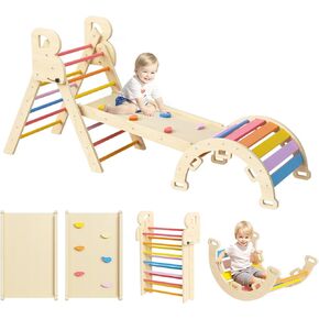 Pikler Triangle Set Climbing Toys for Toddlers 1-3 Inside Montessori Indoor Playground Jungle Play Gym, Gift for 1 2 3 4 Year Old Boys Girls (Rainbow)