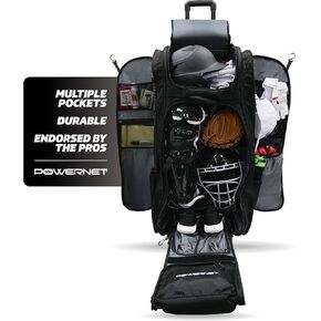 PowerNet Optimus Rolling Baseball Gear Bag with Bat Sleeves, Hanging Hooks, Cleat Compartment