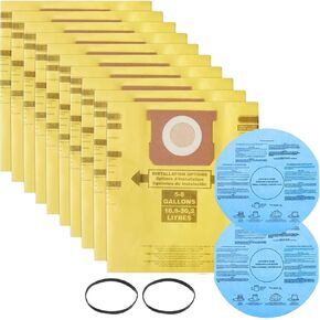 Pack 12(10+2) Shop Vac Bags 5-8 Gallon, 90671 9067133 Type H, 90661 9066133 Type E, VF2004, VHBS, VDBS High-Efficiency Disposable Collection Filter Bags, 90107 Dry Reusable Vacuum Filter Kit