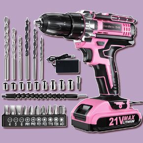 Cordless Drill, 1x 2.0Ah Battery Power Electric Drill 3/8 Inch Chuck 370 In-lbs, 25+1 Torque Cordless Tool Set with Battery and Charger, 2 Speed LED Light 27 Accessories