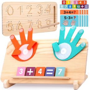 Montessori Learning Toys for Toddlers 2-4, Double-Sided Finger Counting & Number Tracing Board, Colorful Number Blocks, Solid Pine Wood Educational Math Toy for Kids Boys Girls Ages 1 3 5 Year Old