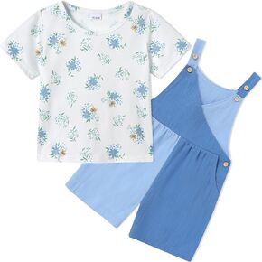 Toddler Girl Clothes 1-6T Girls Summer Outfits Floral T-Shirt+Color Block Overall Shorts 2Pcs Cute Girls Clothing Set