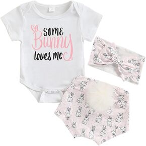 Newborn Baby Girl Easter Outfits Infant Short Sleeve Romper 3D Pompom Bunny Tail Shorts Headband 3Pcs Rabbit Clothes