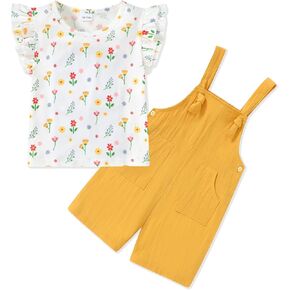 WESIDOM Toddler Girl Clothes Ruffle Short Sleeve Floral Top+Solid Color Overall Shorts 18M-6T Toddler Girls Outfits