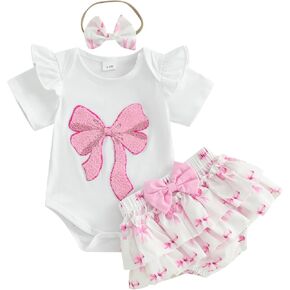 Newborn Baby Girl Summer Clothes Bow Embroidery Short Sleeve Romper Bodysuit Ruffle Shorts Headband 3Pcs Set Cute Outfits