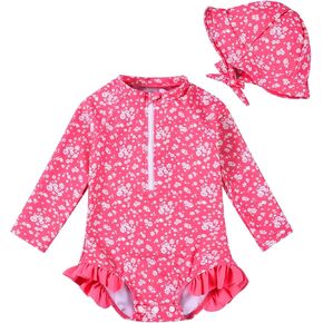Infant Baby Girl Swimsuit Long Sleeve One Piece Swimwear + Hat Zipper Rash Guard Floral Toddler Bathing Suit Beachwear