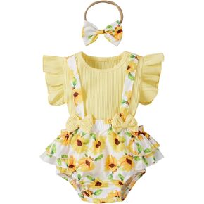 Fanvereka Newborn Infant Baby Girl Summer Outfits Romper Dress Flower Toddler Girls Tops Suspender Shorts + Headband Set