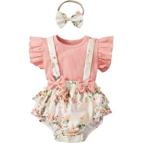 Fanvereka Newborn Infant Baby Girl Summer Outfits Romper Dress Flower Toddler Girls Tops Suspender Shorts + Headband Set in Kuwait