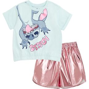 Disney Girls Crop Top T-Shirt and Metallic Shorts Outfit Set Toddler to Big Kid Sizes (2T - 14-16)