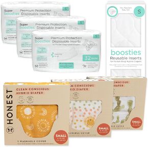 Honest Hybrid Cloth Diaper Cover + Super Boosties Disposable Inserts 96ct + Reusable Inserts, Small (8-15 lbs), Cotton Muslin Honest Covers Feature Pocket-Sling, Bonus Starter Kit