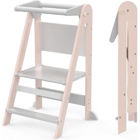 Foldable Toddler Kitchen Tower, JimberBay Wooden Step Stool with 3 Adjustable Heights, Safety Bar, Chalkboard, Easy Assembly, Montessori Toddler Helper Tower for Learning (White)