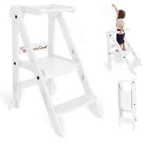 Foldable Toddler Tower, 3 Adjustable Height Toddler Standing Tower, Wooden Kids Kitchen Stool Helper with Safety Rails, Space Saving Kids Step Stool - Ages 18 Months to 6 Years