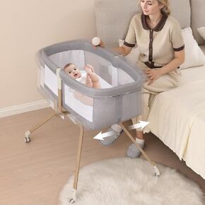 Baby Bassinet Bederide Sleeper ، 3 في 1 مهد ، سرير السفر المحمول القابل للطي للرضع ، عجلات صامتة ， تشمل المراتب （رمادية）