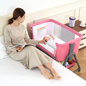 استرخاء حقيقي Bassinet Bassinet Sleeper ، 3 في 1 سرير بجانب السرير مع 6 ارتفاع قابل للتعديل وشباك البعوض ، سرير سرير محمول للطفل مع عجلات ، سهلة الطوية ، مرتبة ، وردي