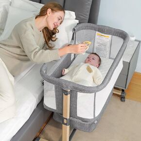 Baby Bassinet, Easy Folding Beside Sleeper for Baby, 6 Height Adjustable Baby Bed, 3 in 1 Portable Bedside Bassinet with Storage Basket and Wheels to Baby Crib for Infant/Newborn (Deep Grey)