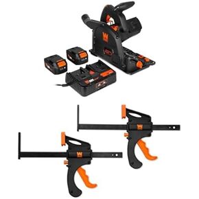 WEN 20V Max 6.5-Inch Cordless Brushless Plunge Cut Variable Speed Track Saw with Two 4.0 Ah Batteries and Charger and 7.5-Inch Quick Release Track Saw Clamps, Two Pack (20691, CT992F)