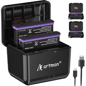 Artman 360 X4 Replacement Battery 2500mAh and USB-C 3-Channel Fast Charger Case Compatible with Insta360 X4 Action Camera with Misro SD Card Slots (2-Pack Batteries + Charging Case)