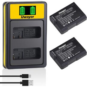 EN-EL14 EN-EL14A وشاحن مزدوج USB متوافق مع Nikon D3100 ، D3200 ، D3300 ، D3400 ، D3500 ، D5100 ، D5200 ، D5300 ، D5500 ، D5600 ، DF ، Coolpix P7000 ، P7100 ، P7700 ، P7800 CAMARAS