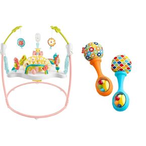 Fisher-Price Baby Bouncer Activity Center Blooming Fun Jumperoo with Music Lights and Developmental Toys for Infants & Rattle 'n Rock Maracas, Blue/Orange, 2 Count