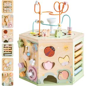 ROBUD Wooden Activity Cube, 13-in-1 Montessori Toys for 1+ Year Old, Educational Learning Toys for Toddlers Age, Fountain Garden Theme for Baby Boys & Girls