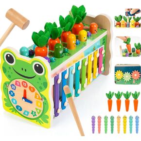 6-in-1 Wooden Montessori Learning Toy with Xylophone & Whack A Mole for 12M+ Baby, Hammering Pounding Toy for 1 2 3 4 5 Year Old Toddlers, Multipurpose Educational Boy/Girl Gift (1st Birthday/Easter)