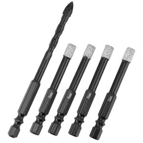 QWORK 5 Pieces Diamond Drill Bit Set for Granite Porcelain Tile, Stone, Masonry – 1/4 inch Hex Shank Hole Saw Drill Bits (5pcs) with Carbide Tip