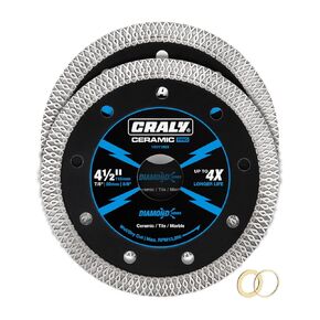 CRALY 4-1/2 Inch Super Thin Diamond Blade, 7/8 in Arbor, 4.5'' Diamond Tile Blade for Angle Grinder & Tile Saw, Diamond Cutting Wheel for Cutting Ceramic, Tile, Marble, Granite, Brick, Porcelain, 2PC