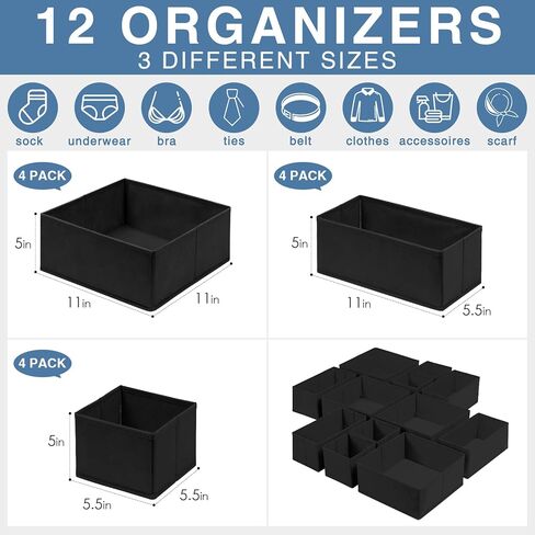 Criusia Drawer Organizer for Clothing, 12 Pack Sock Underwear Drawer Organizer Bins, Foldable Fabric Closet Organizers and Storage, Dresser Drawer Dividers for Baby Clothes, Bra, Scarves, Belt, Tie in Kuwait