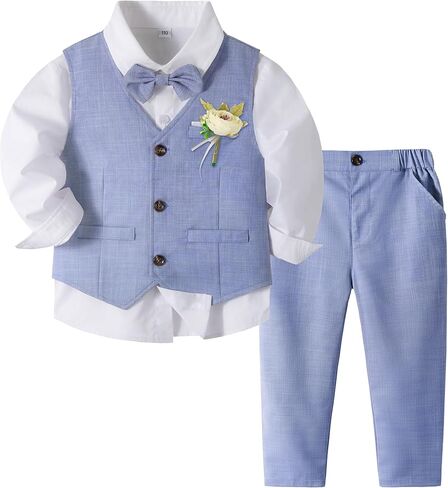 Volunboy Baby Boys Formal Wedding Ring Bearer Outfits Toddler Gentleman Bowtie Vest Guest Suits Dress Shirt Pants Set in Kuwait