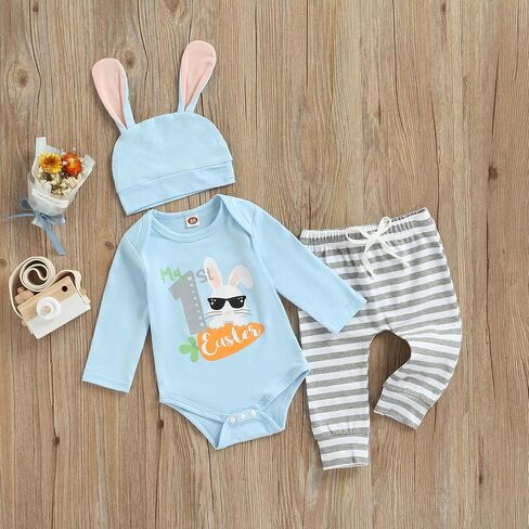 Baby Boys Girls Easter Outfits Long sleeve Rabbit Romper Bodysuit+Bunny Pants+ Hat My First Easter 3Pcs Clothes Set in Kuwait