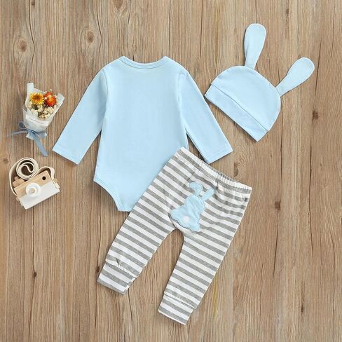 Baby Boys Girls Easter Outfits Long sleeve Rabbit Romper Bodysuit+Bunny Pants+ Hat My First Easter 3Pcs Clothes Set in Kuwait