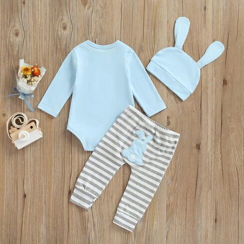 Baby Boys Girls Easter Outfits Long sleeve Rabbit Romper Bodysuit+Bunny Pants+ Hat My First Easter 3Pcs Clothes Set in Kuwait