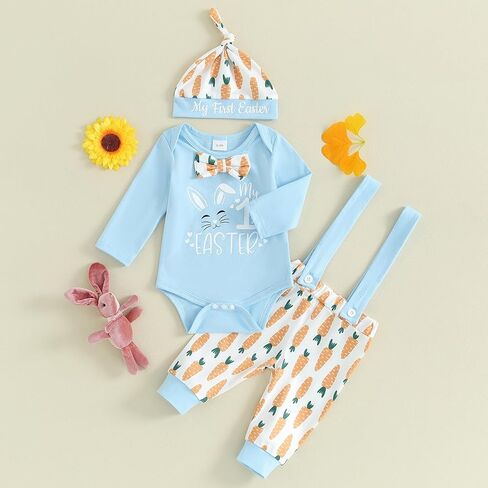 Baby Boys Girls Easter Outfits Long sleeve Rabbit Romper Bodysuit+Bunny Pants+ Hat My First Easter 3Pcs Clothes Set in Kuwait