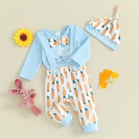 Baby Boys Girls Easter Outfits Long sleeve Rabbit Romper Bodysuit+Bunny Pants+ Hat My First Easter 3Pcs Clothes Set in Kuwait