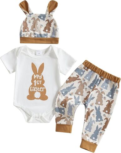 Ledy Champswiin Easter Baby Outfit Infant Boy Girl Short Sleeve Romper Newborn Bunny Pant My 1st Easter Clothes Set with Hat in Saudi Arabia