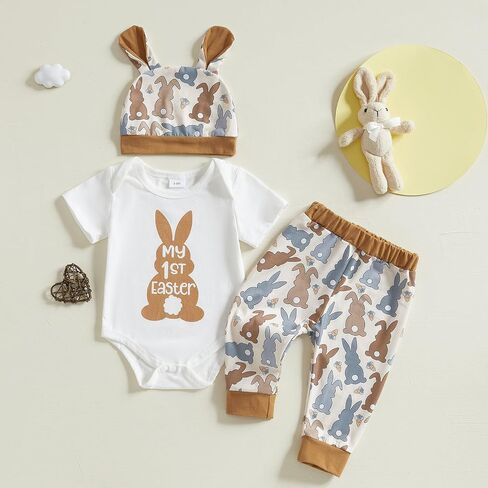 Ledy Champswiin Easter Baby Outfit Infant Boy Girl Short Sleeve Romper Newborn Bunny Pant My 1st Easter Clothes Set with Hat in Saudi Arabia
